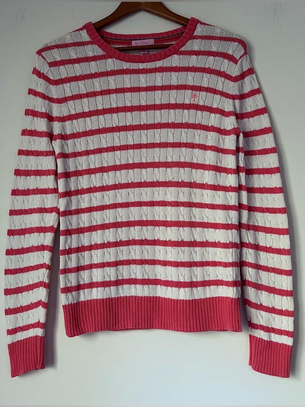 Lilly Pulitzer Pink & White Striped Cable Knit Cotton Sweater Palm Tree Logo L - Picture 1 of 9
